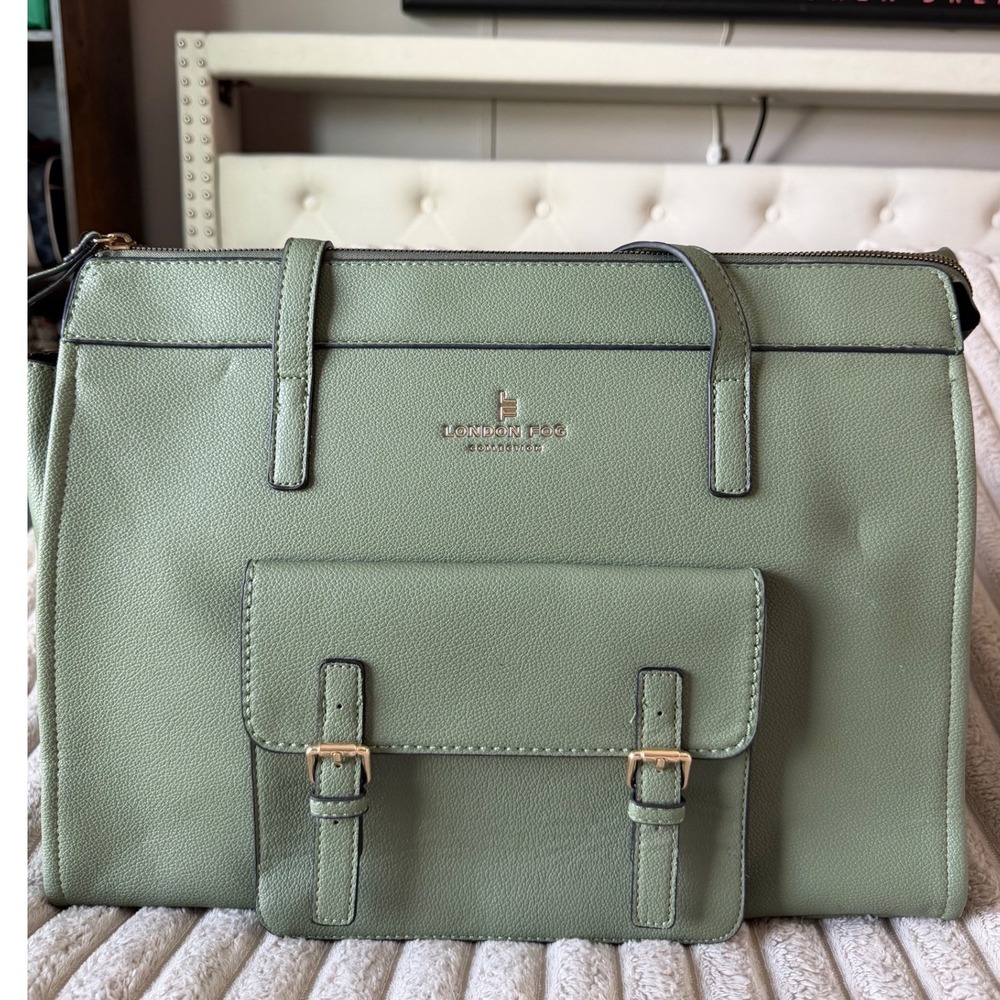 London Fog Sage Green Sophia Pebble Tote Gold Hardware
